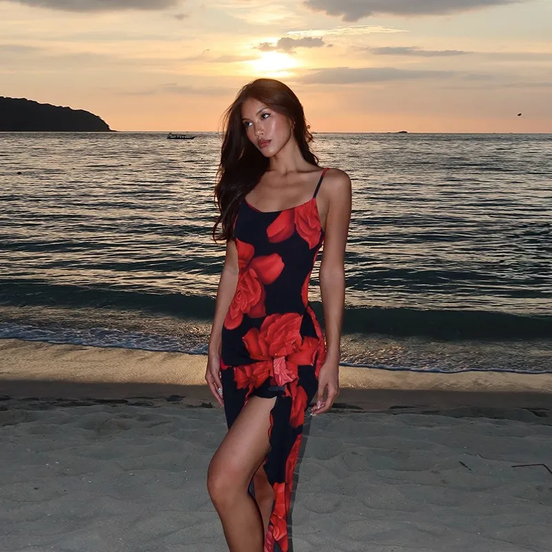 

Fashion Flower Print Sexy Sling Dress For Women 2025 Summer Spaghetti Strape Ruffle High Split Beach Holiday Long Dresses Robe