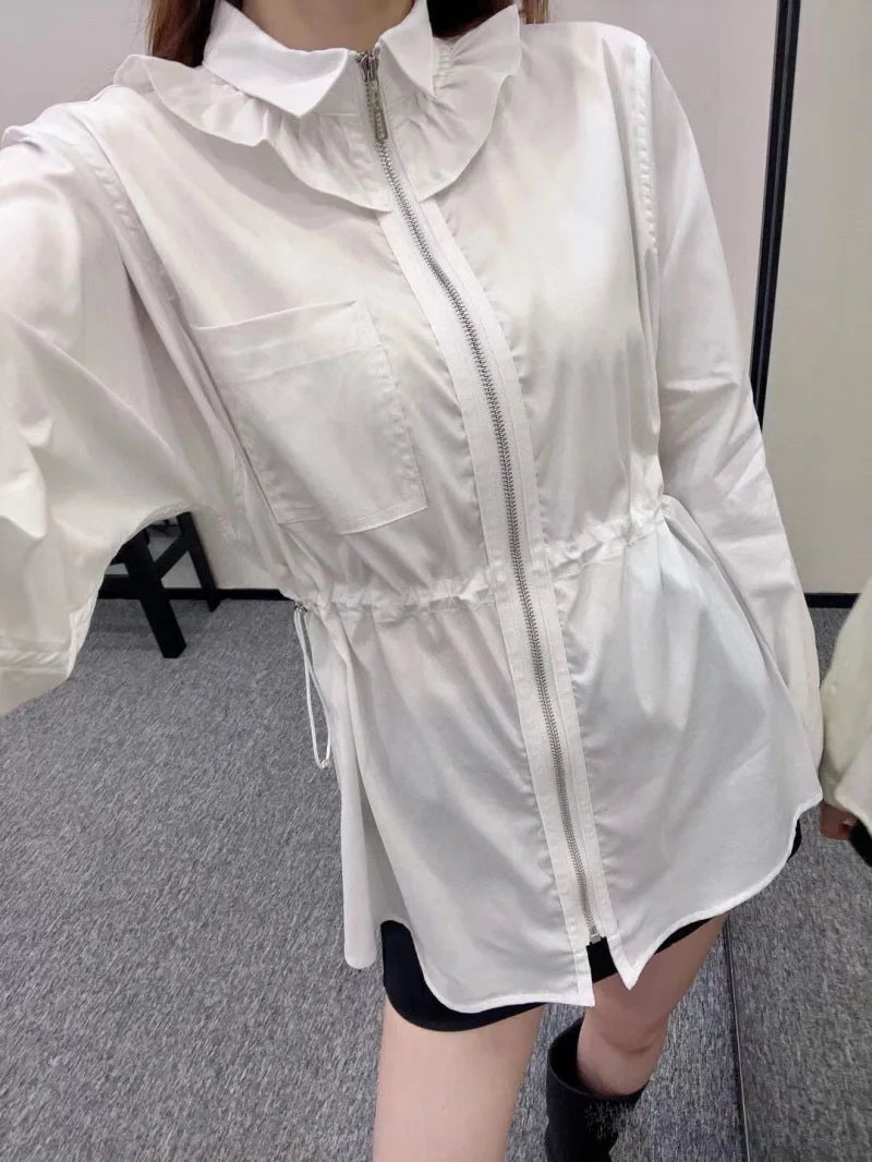 

High Quality Summer Women Fashion Runway Designer Cotton Lantern Sleeve Pocket Loose Cardigan Shirts White Print Coats Tops