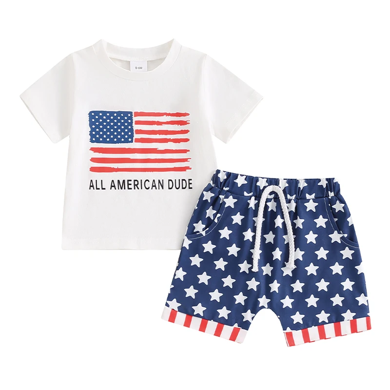 

4th of July Toddler Boys Outfits Flag Embroidery Short Sleeve T-Shirts Elastic Waist Shorts Summer Clothes Set