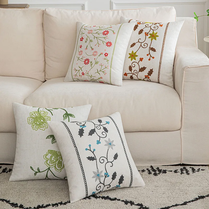 45x45cm Floral Embroidered Throw Pillow Covers Farmhouse Cottage Blue Flowers Green Leaves Pattern Cotton Canvas Cushion Case