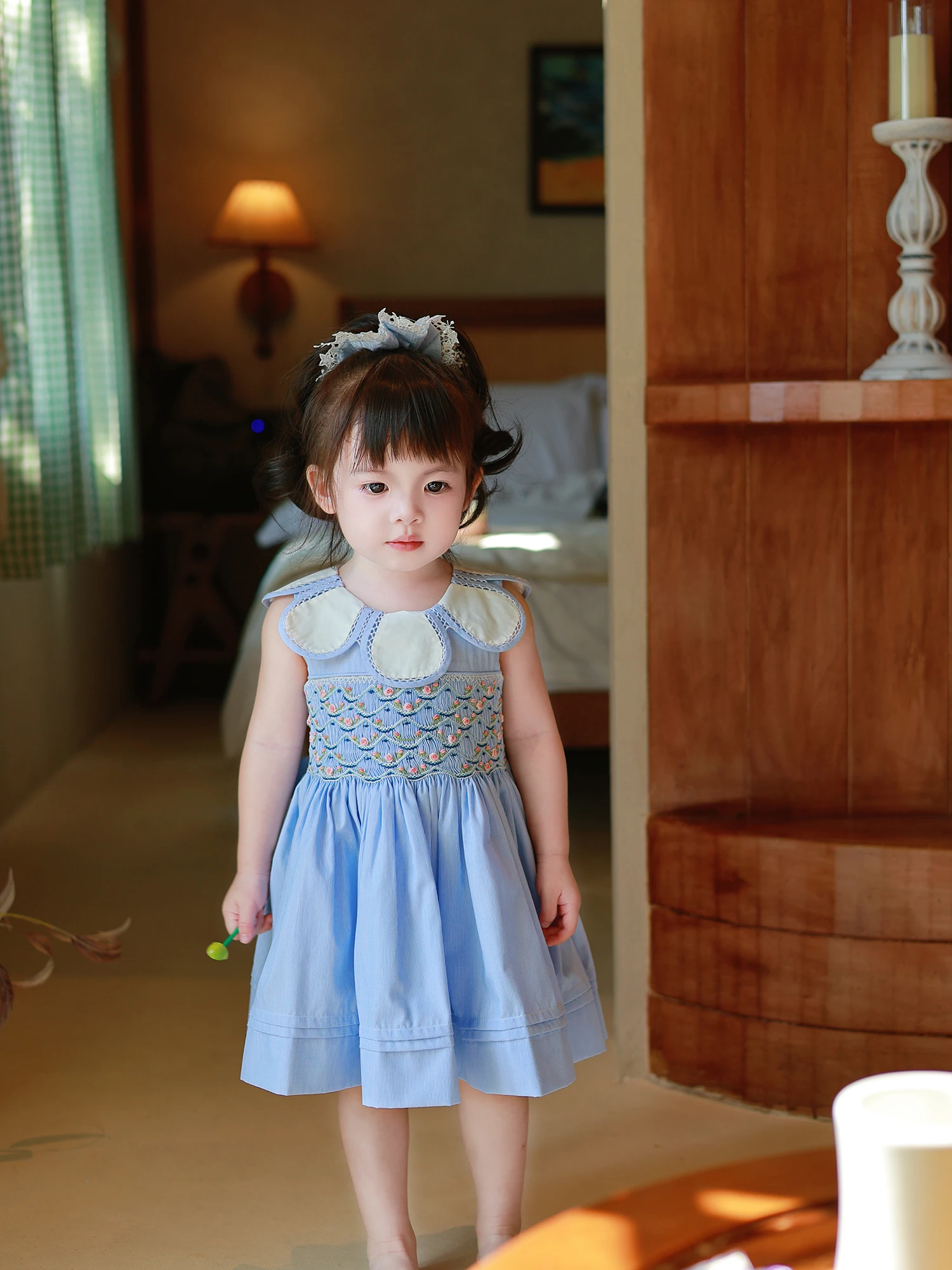Handmade Flower Embroidered Dress Boutique Girls Children Clothing Blue Striped Petal Collar Cotton Sleeveless Princess Birthday