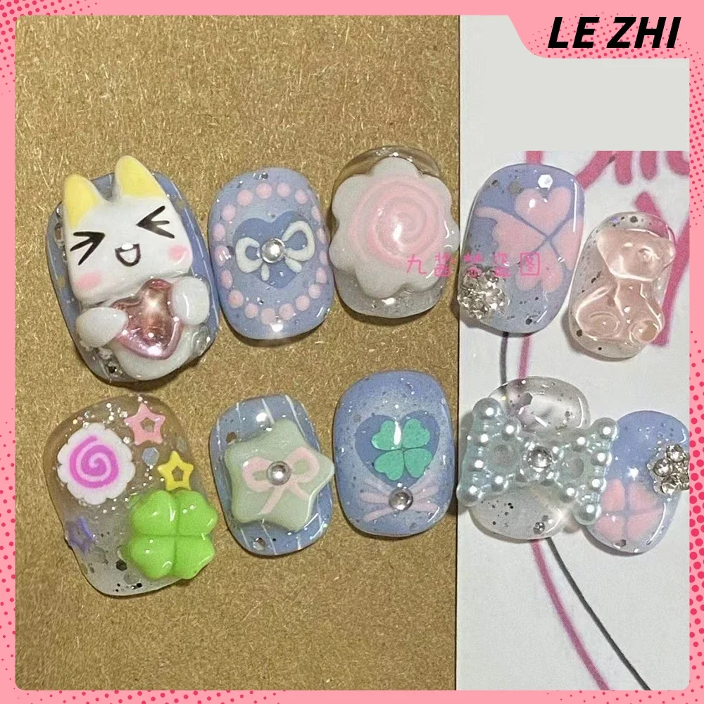 Kawaii Handmade Square Press On Nails Art Party Stickers Cute Hellokitty Flower Panda Bear Animal Niestandardowe akrylowe sztuczne paznokcie