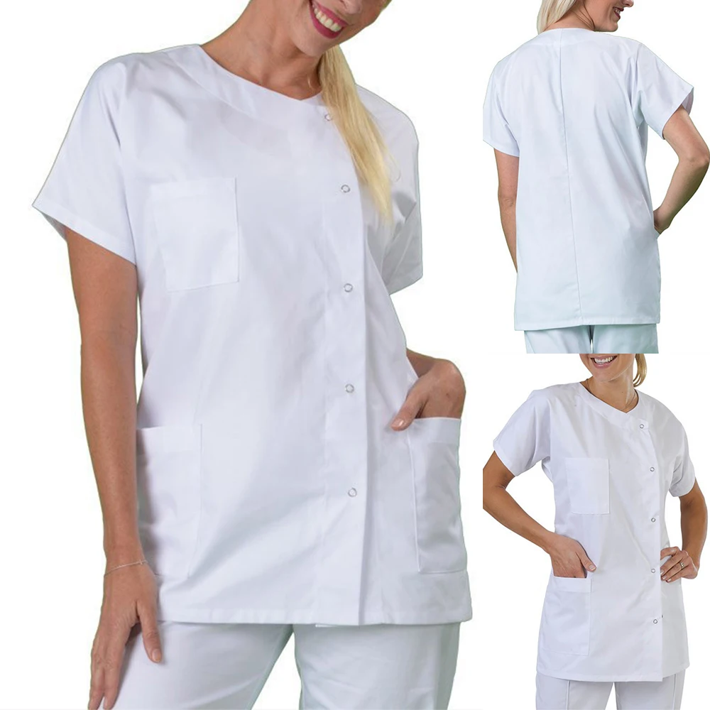 Women Men Medical Dress Hospital Lab Coat Workwear Tops Uniform Collarless Short Sleeve Unisex Nurse Doctor Outfit Costume Coats