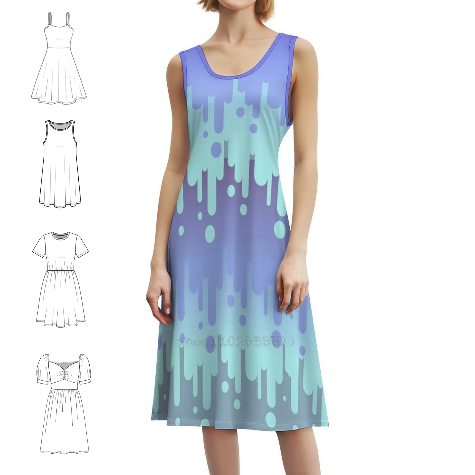 

Женское элегантное праздничное платье с капающей синей краской, платье трапециевидной формы с короткими/длинными вариантами без рукавов, капающая синяя краска, краска, искусство