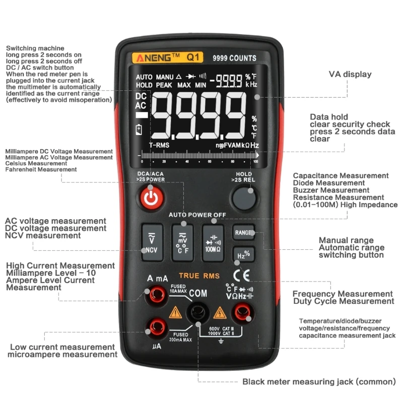 True-RMS Digital Multimeter Auto Button 9999 Counts Analog Bar Graph Tester