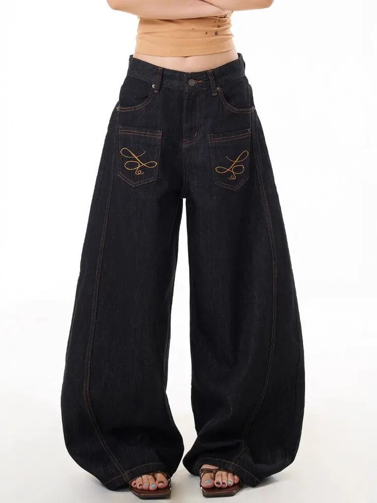 

Джинсы женские больших размеров, черные, с вышивкой, в американском стиле, с эффектом потертости, с карманами, повседневные, с широкими штанинами, с возможностью ношения с изнанки, облегающие, с широкими штанинами