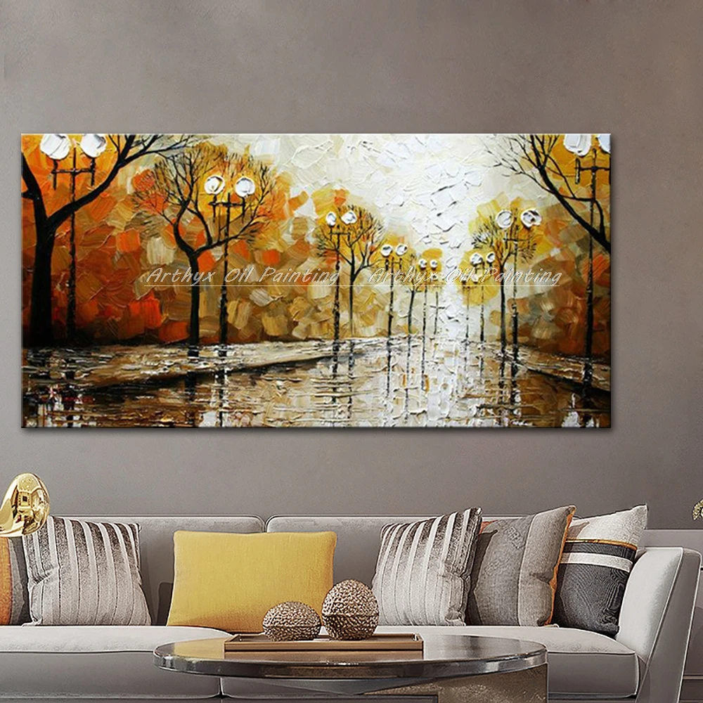 Arthyx Handpainted Colorful Tree Landscape Oil Paintings On Canvas Street After The Rain Wall Art,Picture Living Room Home Decor