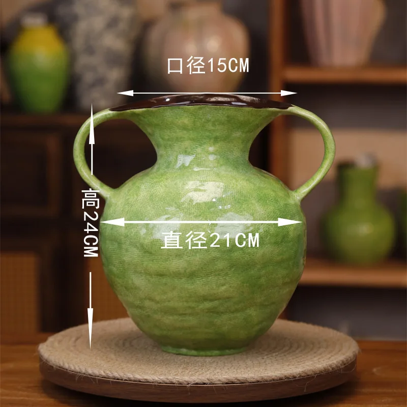 YFY Jingdezhen lemon green binaural handmade ceramic vase green plant vase home living room entrance