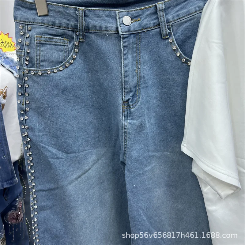 New Spring Summer Loose Women Two-piece Set Embroidery Butterfly White Short Sleeve T-shirt + Casual Wide Leg Straight Jeans view 4