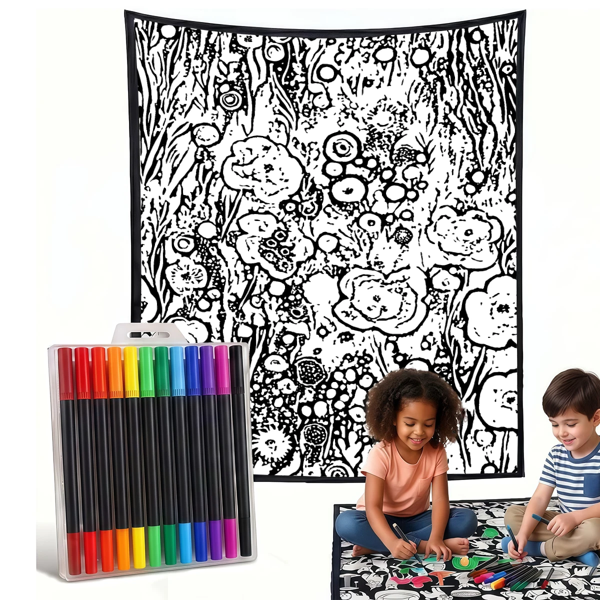 Blue Orange Floral Art DIY Cozy Coloring Blankets -24 Markers, Cozy Velvet Ideal For Daily Use Home Decor And Kids Spaces