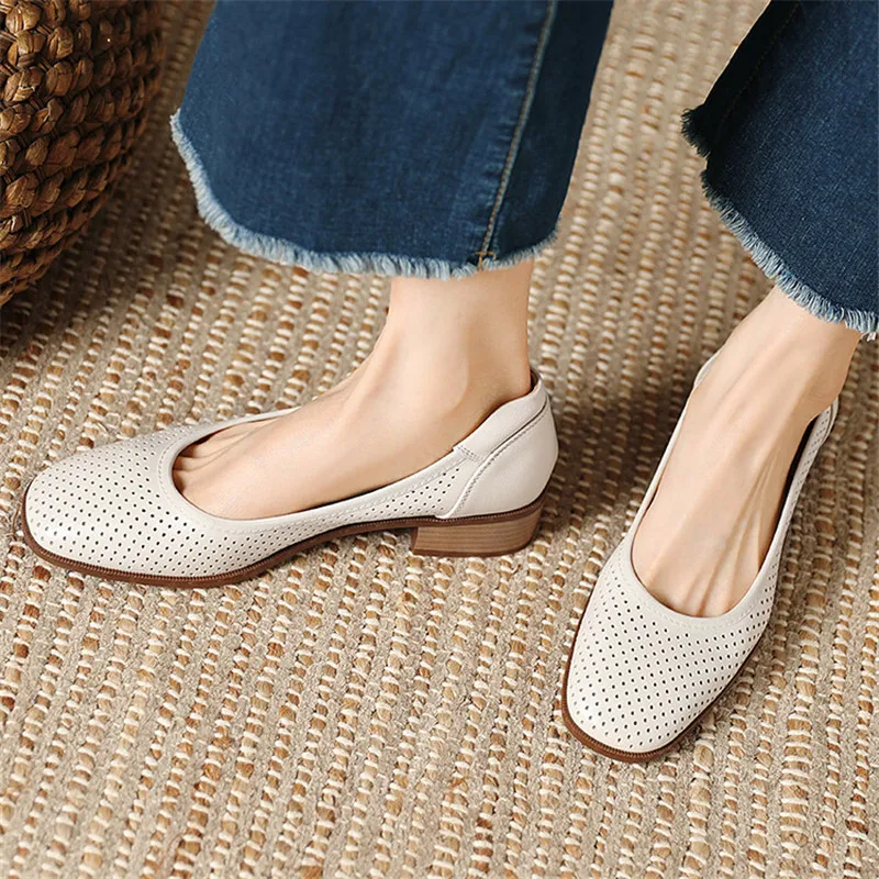 2023 New Fashion Hollow Out Women Pumps Square Toe Summer Shoes Chunky Heels Genuine Leather Shoes for Women Handmade Loafers