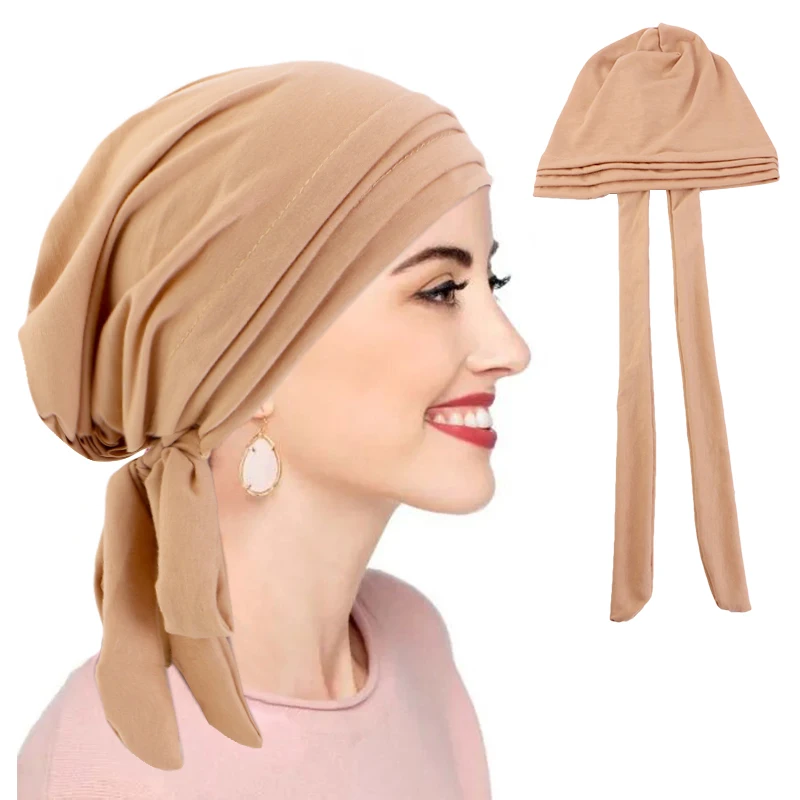 

Muslim Stretch Pre-Tied Turban Hats Tail Tie Straps Hijab Hats Beanies Headwrap Chemo Cap For Women Ladies Headwear Bonnet