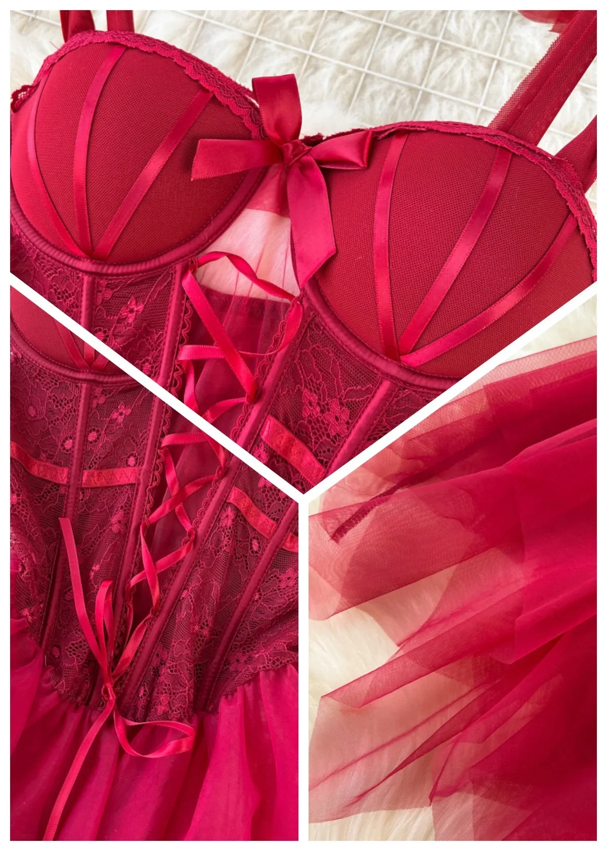 Gaun Pengantin Seksi untuk Role Play, Pakaian Tidur Wanita Model Sheath dengan Tali Spaghetti, Pakaian Tidur Wanita dengan Renda dan Kain Gauze, Piyama Erotis