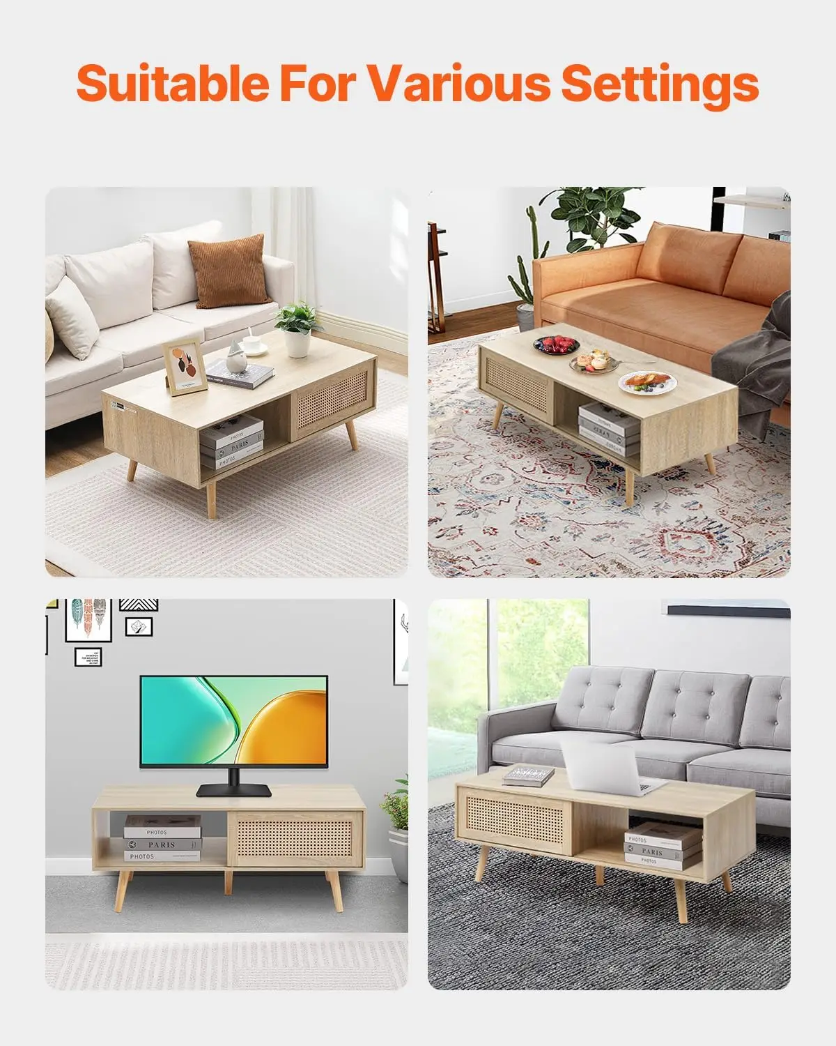 Vevor Rattan Coffee Table, Mid Century Modern Coffee Table, Rectangle Wood Coffee Table, 42 Inch Modern Boho Style Two Layers