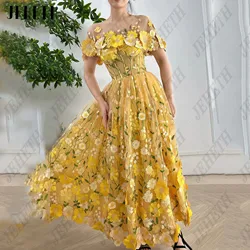 JEHETH Embroidery Lace A-Line Prom Dresses Cap Sleeves O-Neck 3D Flowers Ankle Length Yellow Floral Tulle Vestidos De Festa