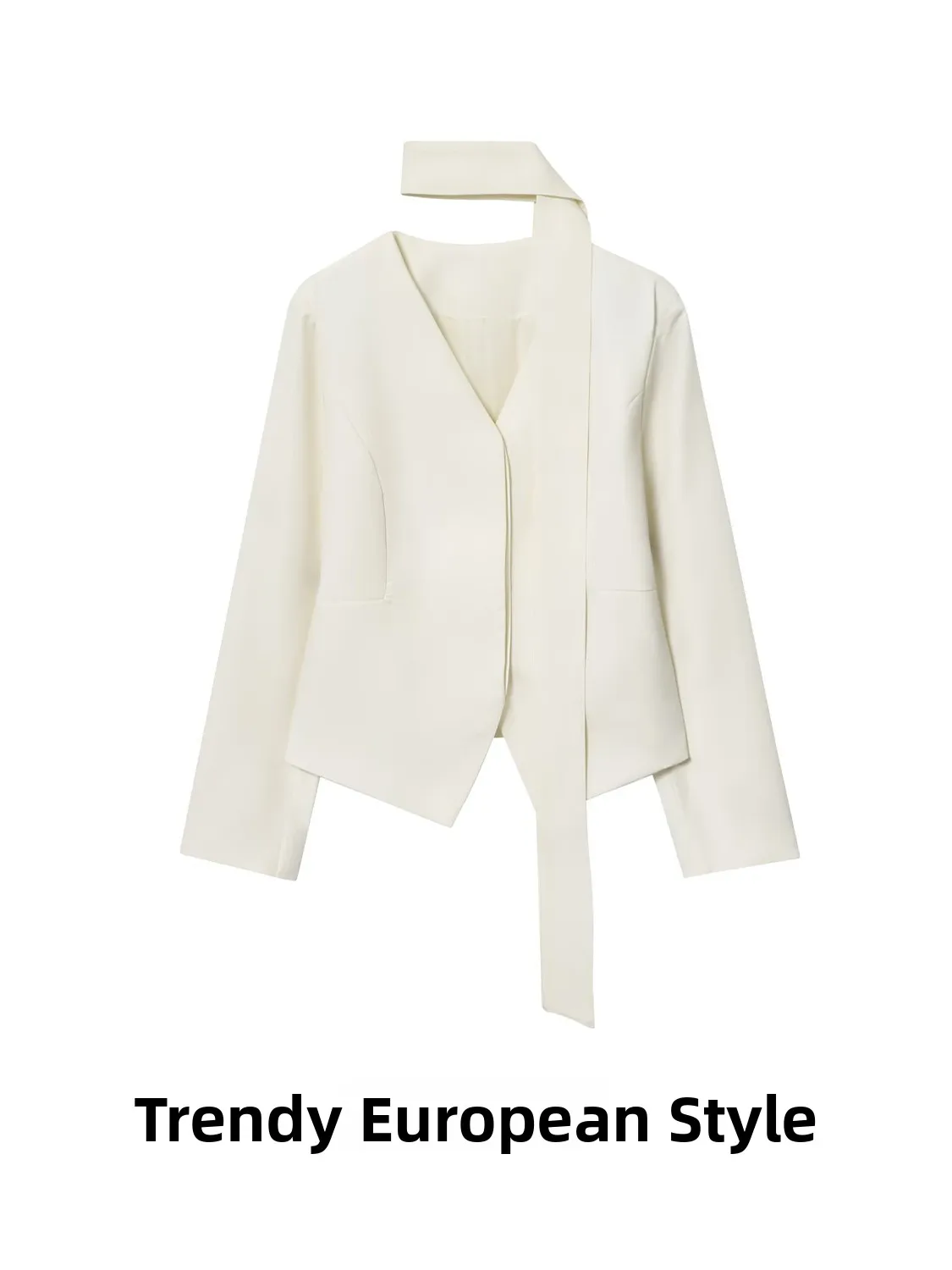 

Элегантный женский костюм с V-образным вырезом и шарфом, модная осенняя новинка, европейский стиль, из полиэфирного волокна, с длинными рукавами