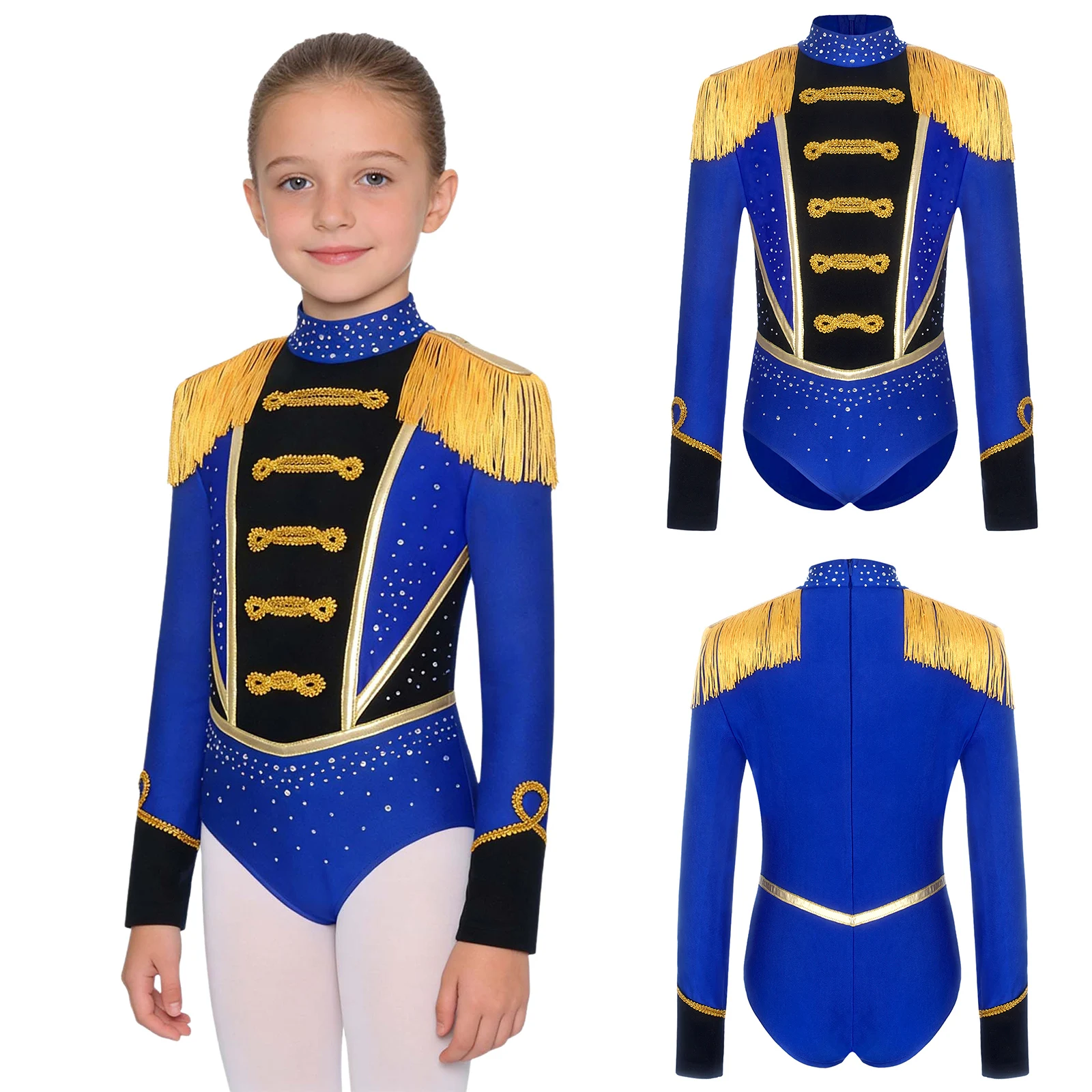 

Girls Festival Circus Ringmaster Cosplay Costume Bodysuit Rhinestones Long Sleeve Fringed Epaulets Leotard Performance Dancewear