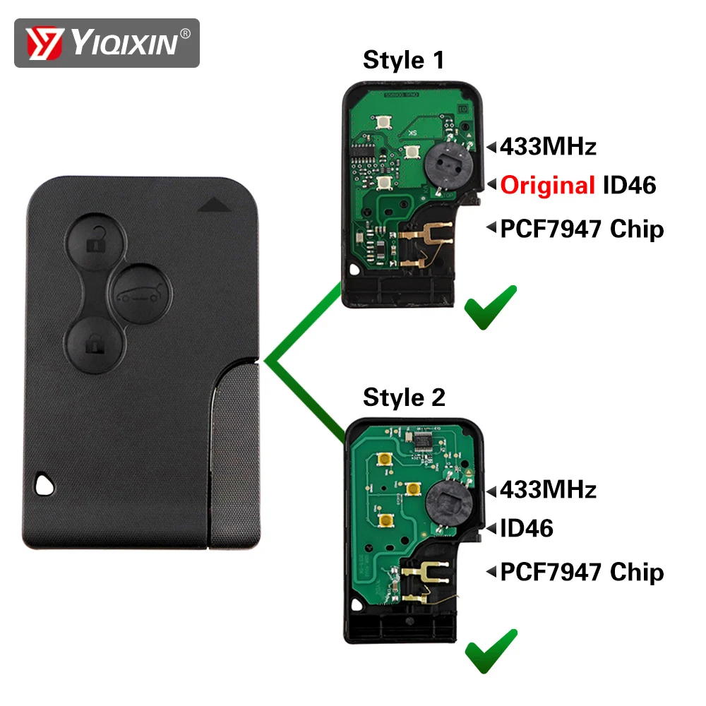 YIQIXIN Remote Key Card For Renault Megane 2 3 II Scenic II Grand Scenic 2003 2004 2005 2006 2007 2008 433Mhz PCF7947 Chip ID46