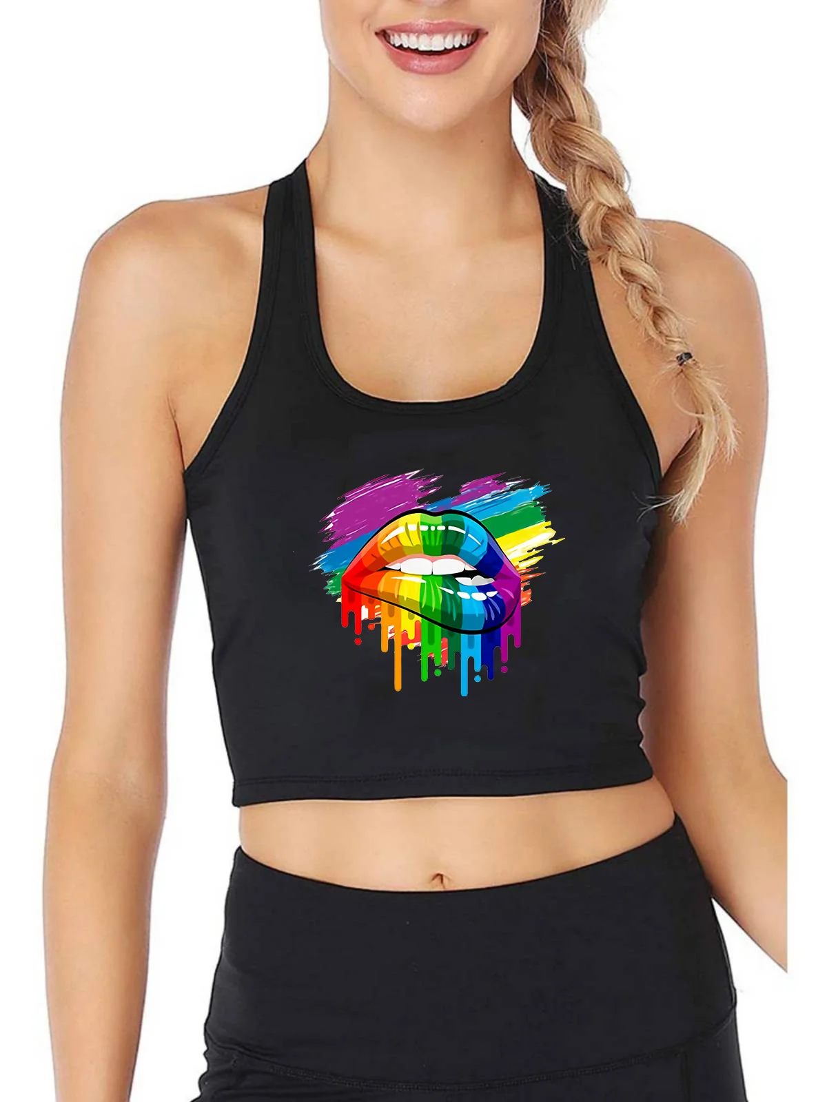 

Rainbow Lips Design Breathable Slim Fit Tank Top Gay Lesbian LGBT Pride Summer Yoga Sports Training Crop Tops Gym Vest