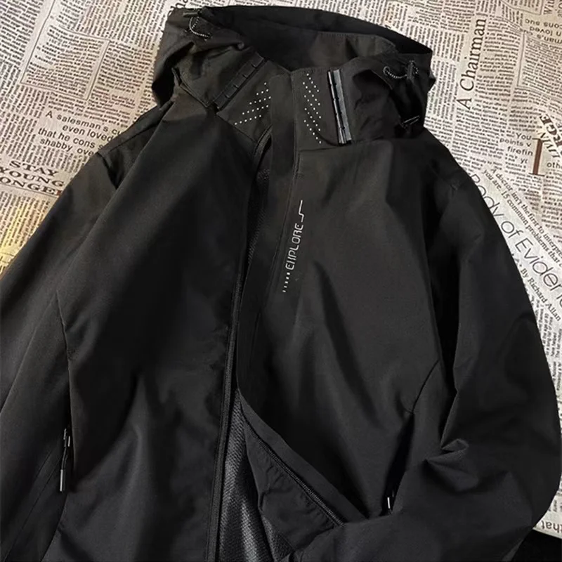 

Men Solid Hooded Jacket Spring Autumn New American Turtleneck Letter Black Workwear Coats Fashion Versatile Waterproof Tops