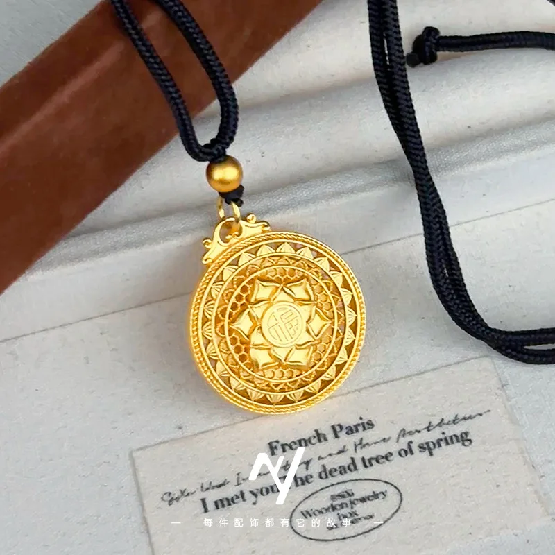 Cynlo Jewelry Luxury 24K 9999 Pure Gold real gold Vintage Hollow Filament Lotus Compasses Pendant Necklace
