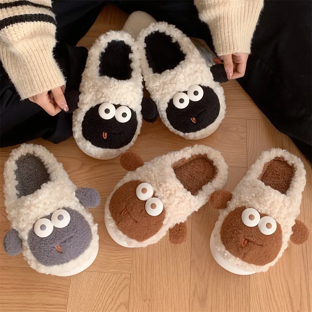 Girls winter indoor thick bottom fashion cotton slippers cute big eyes cartoon sheep home new warm cotton slippers female