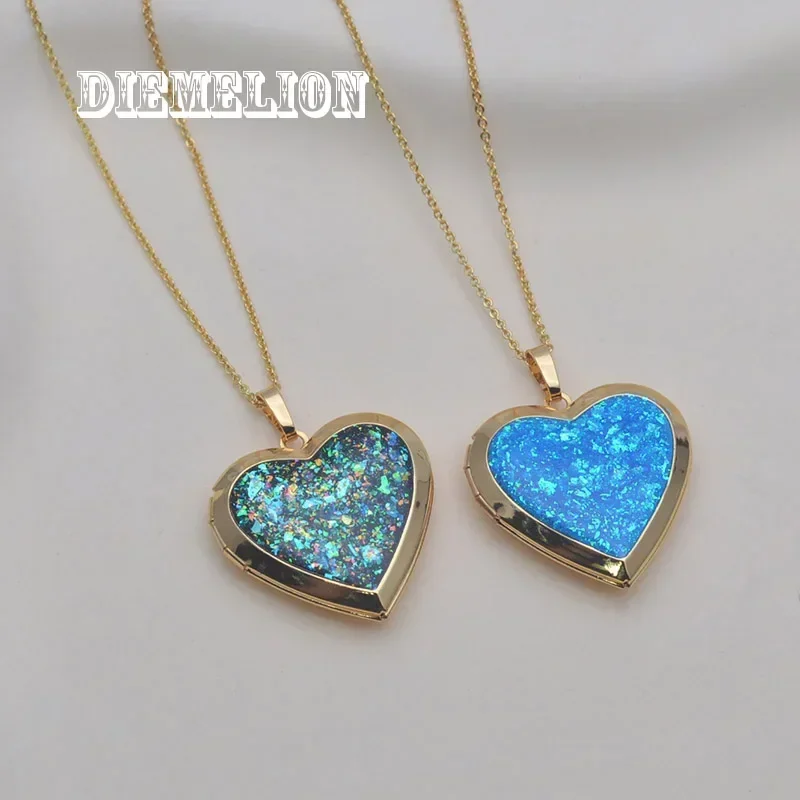 Cute Heart Shape White/Blue/Black Fire Opal Stone Locket Pendant Necklace for Women Fashion Wedding Jewelry Openable Photo Frame