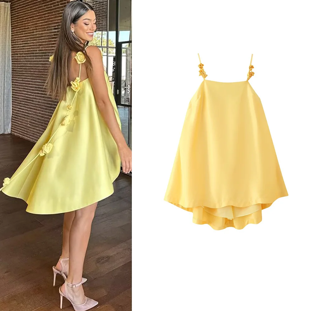 Chic Sexy vacances plage Camisole femme robe mode 2025 robe d'été fleur fête jaune a-ligne Mini plissé femme robes
