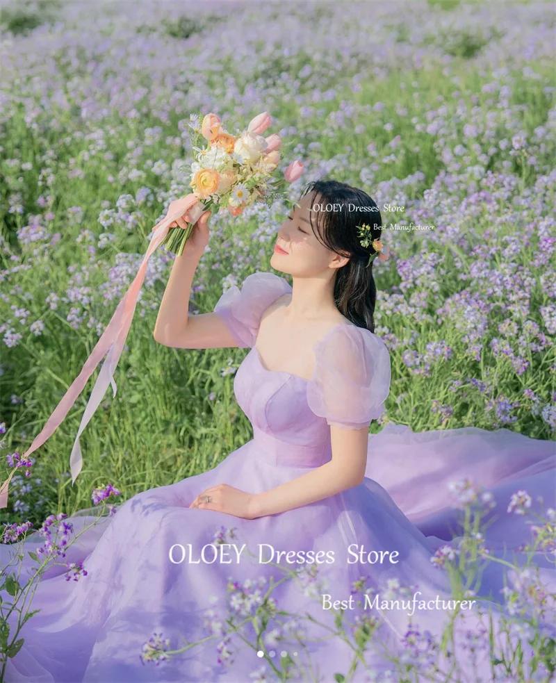 OLOEY Simple Lavender Organza Fairy Evening Dresses Korea Wedding Party Short Sleeves Prom Gowns Long Garden Party Bride Dress