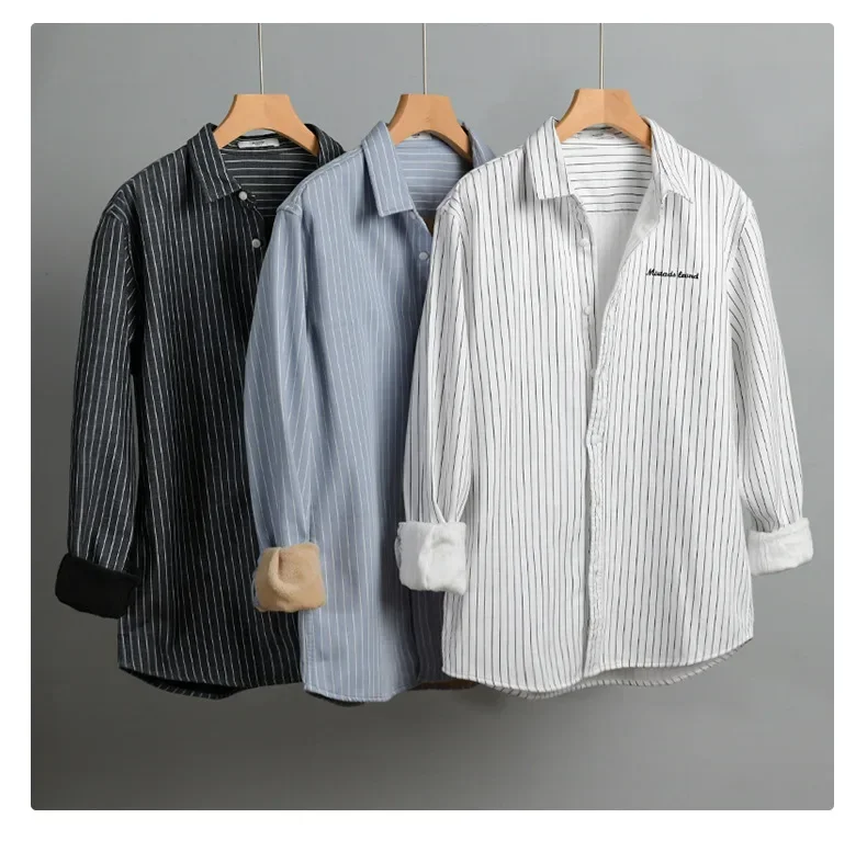 

Winter Mens Shirts Daily Casual Keep Warm Tops Thicken Long Sleeve Striped Shirt Lapel Fleece Shirt Youth Simple Men Clothing