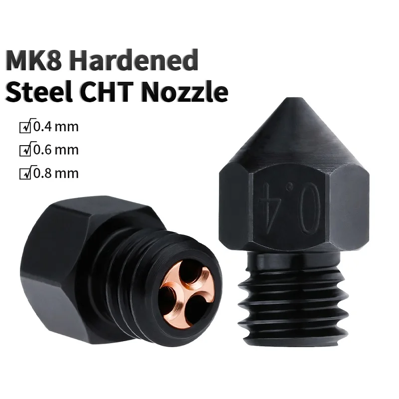 

MK8 CHT Nozzle Upgrade Hardend Steel 0.2/0.4/0.6/0.8mm High Flow Clone CHT Nozz CR10 3D Printer Extruder Fit 1.75mm Filament