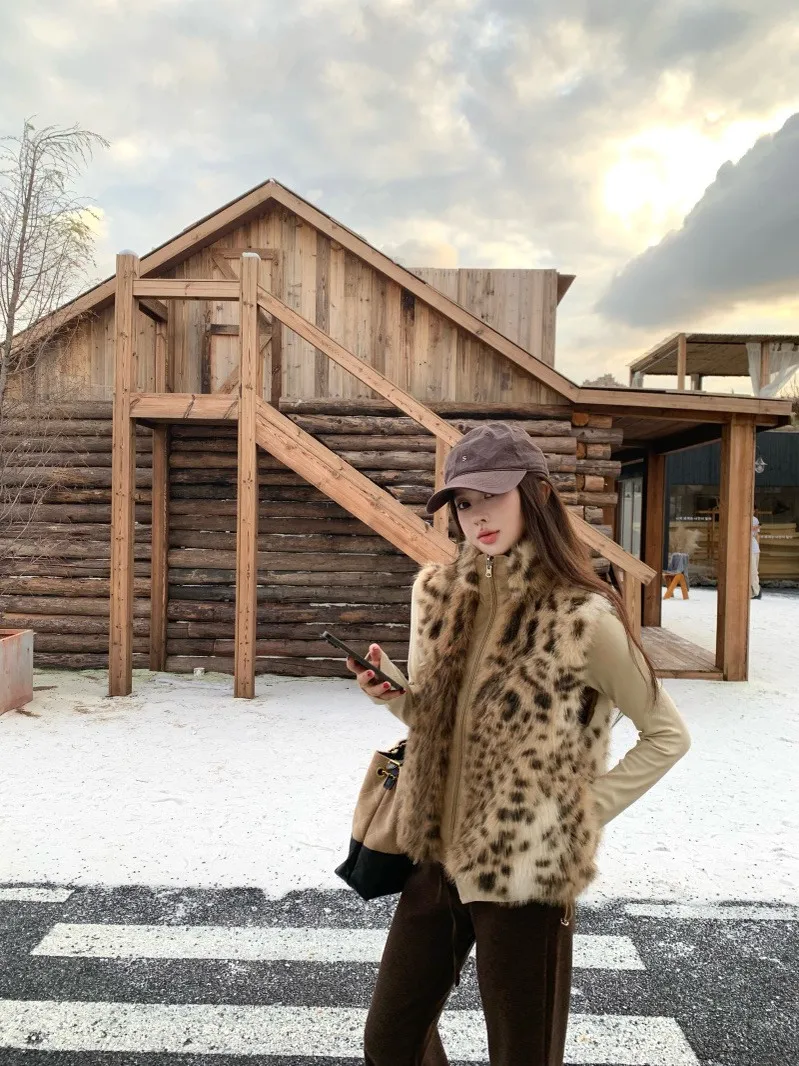 

Retro Leopard Print Double-Sided Two-Way Wear Eco-Friendly Fur Vest Women's Autumn Winter Sleeveless Warm Fluffy Jacket