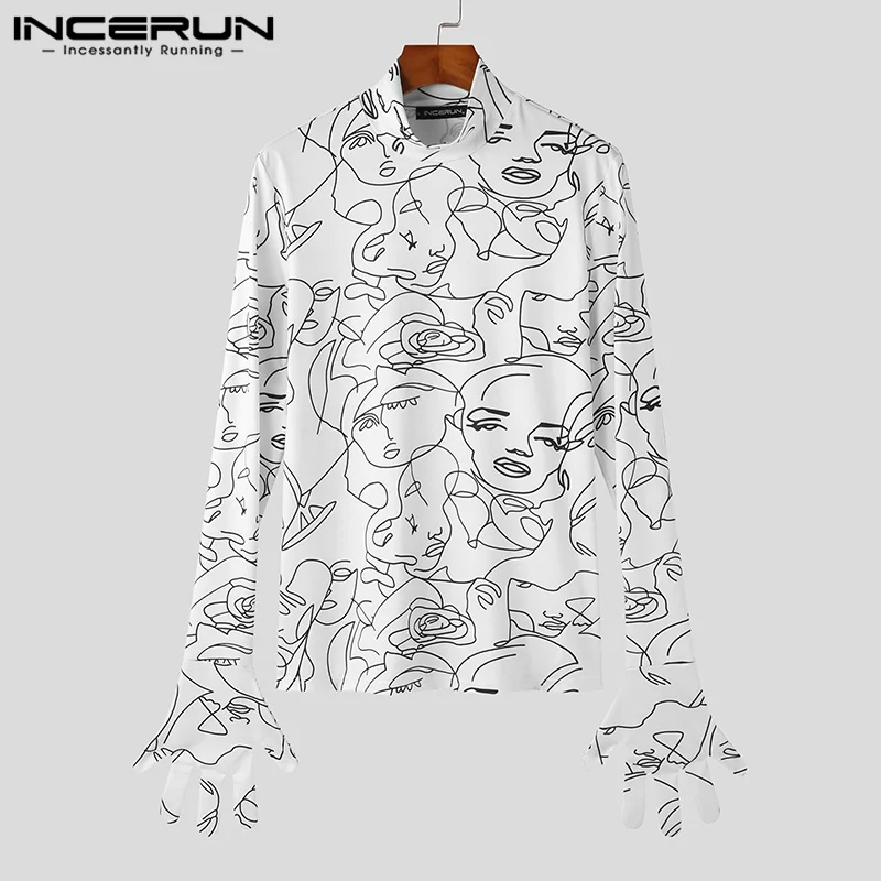 Men T Shirt Printing Turtleneck Long Sleeve Gloves Autumn Casual Men Clothing Fitness 2023 Streetwear Fashion Undershirt INCERUN