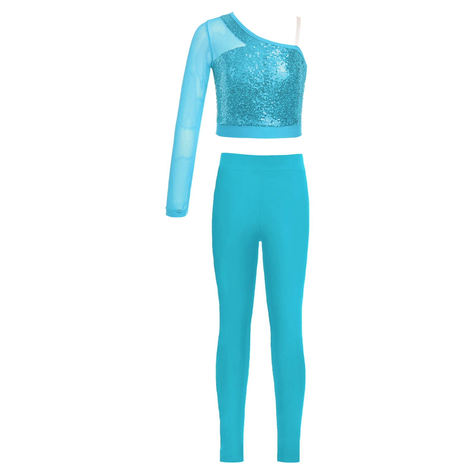 Kids Girls Jazz Dance Costume Shiny Sequins Sheer Mesh Long Sleeve Top Shirt Stretchy Leggings Pants Hip Hop Street Dancewear