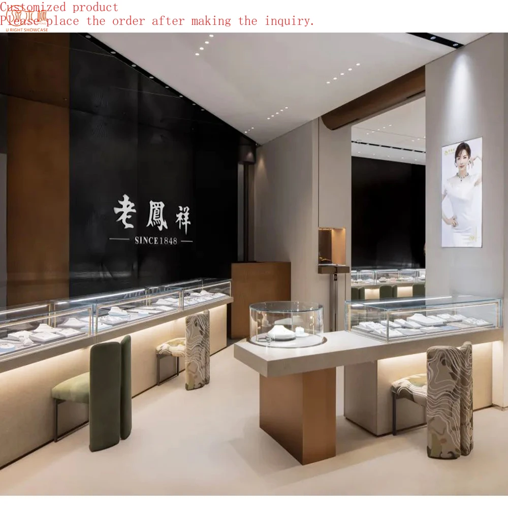 

Custom Matte Solid Wood Lacquer Jewelry Display Counter Design with Stainless Steel Frame Counter Design for Jewellery Shop