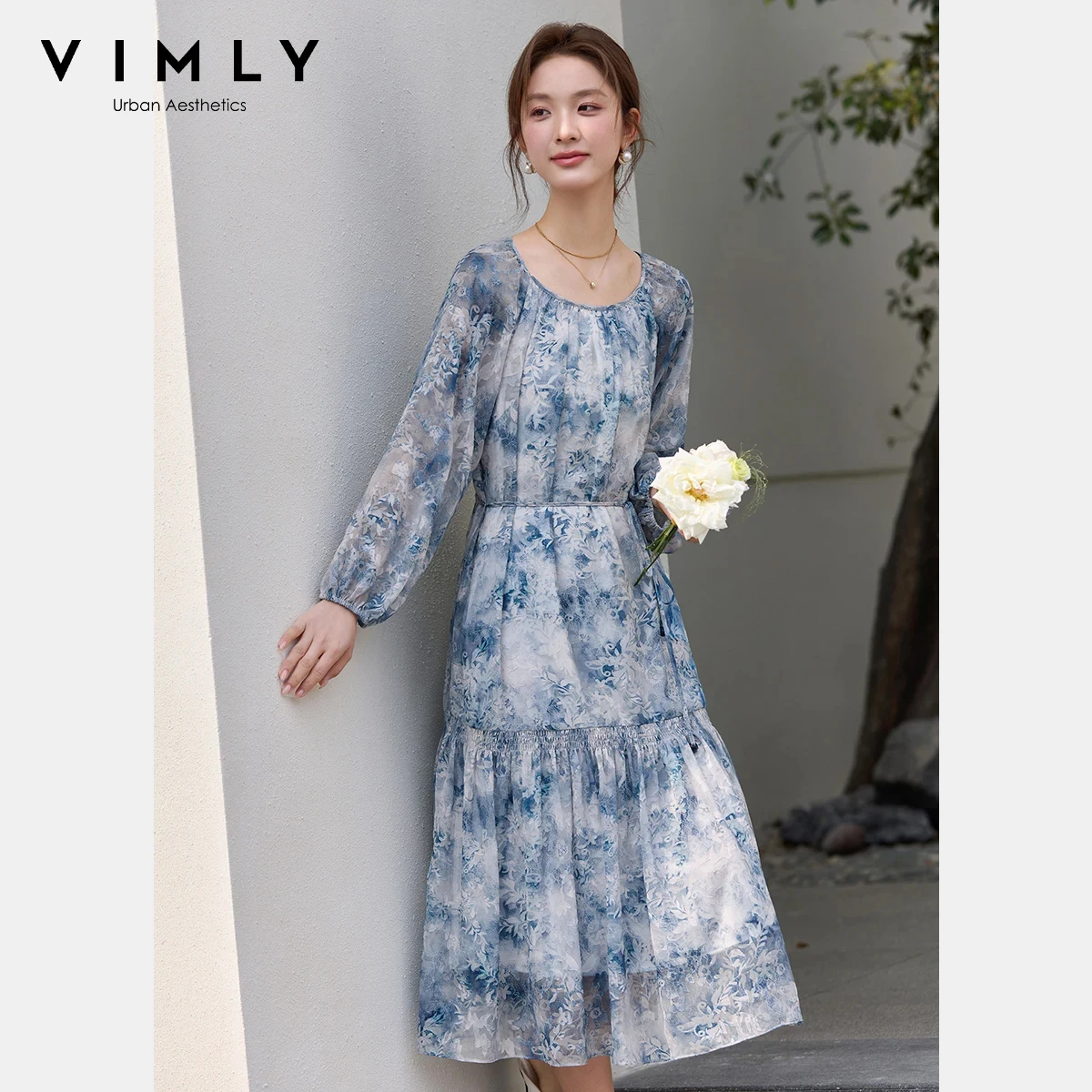 

VIMLY Women's Chiffon Midi Dress 2026 Spring New Fashion Watercolor Floral Waist Tie Belted Casual Loose Long Sleeve Dress A3983