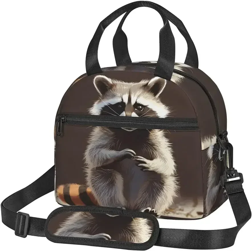 Cute Raccoon Print Lunch Box For Women Men Reusable Insulated Cooler Portable  Tote Bag Large Capacity  Container