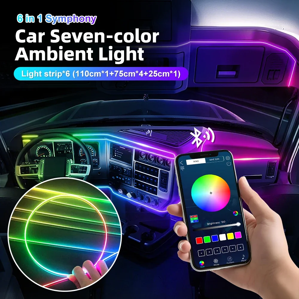 

10 in 1 RGB LED Strip Car Interior Ambient Light Acrylic Optical Fiber 64 Color APP Controlled Footwell Mood Lamp Universal Kit