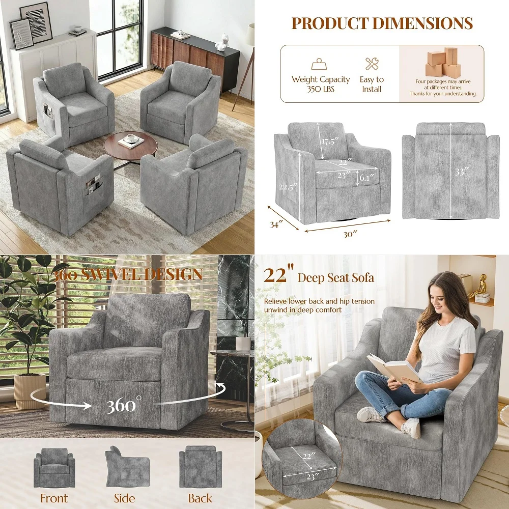 

Swivel Accent Chair Set of 4, Large Comfy Reading Chairs, Square SingleSeat Armchair Upholstered Sofa for Reading, Nursery, Liv