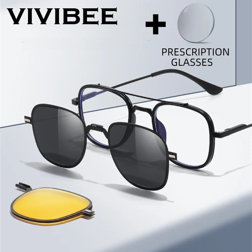 

VIVIBEE Retro Customized 3 in 1 Magnet Clip on Glasses Titanium Polarized Sunglasses Optical Eyeglasses Photochromic Myopia