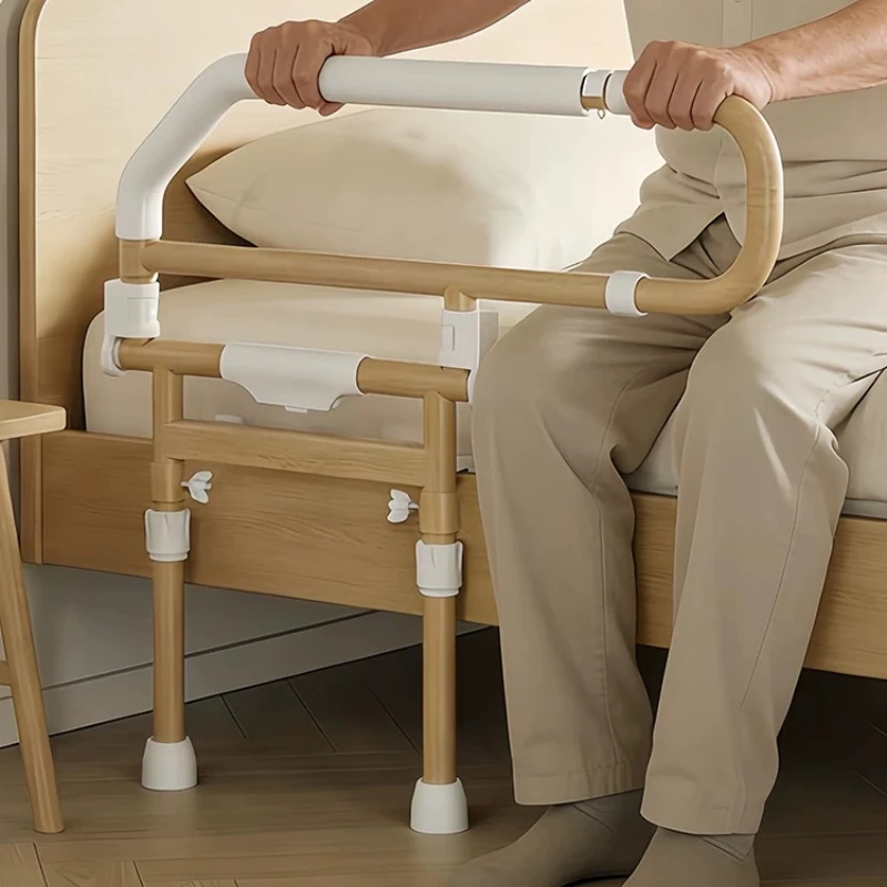 Wood Grain Bed Guardrail for Pregnant Safety Bed Railing Adjustable Fold-down Type Floor Elderly Bed Rail Fall Prevention Fence