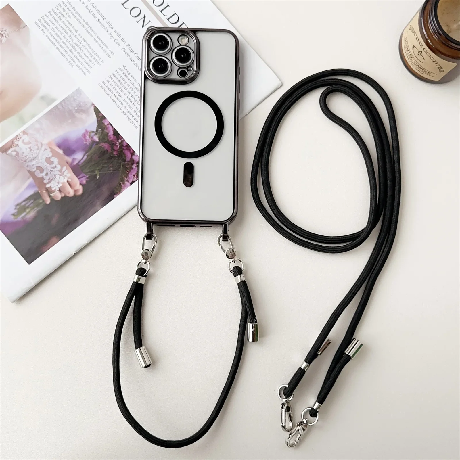 For iPhone 16 15 Pro Max 14 13 12 11 Phone Case Necklace Lanyard Wrist Strap For Magsafe Crossbody Magnetic Plating Clear Cover