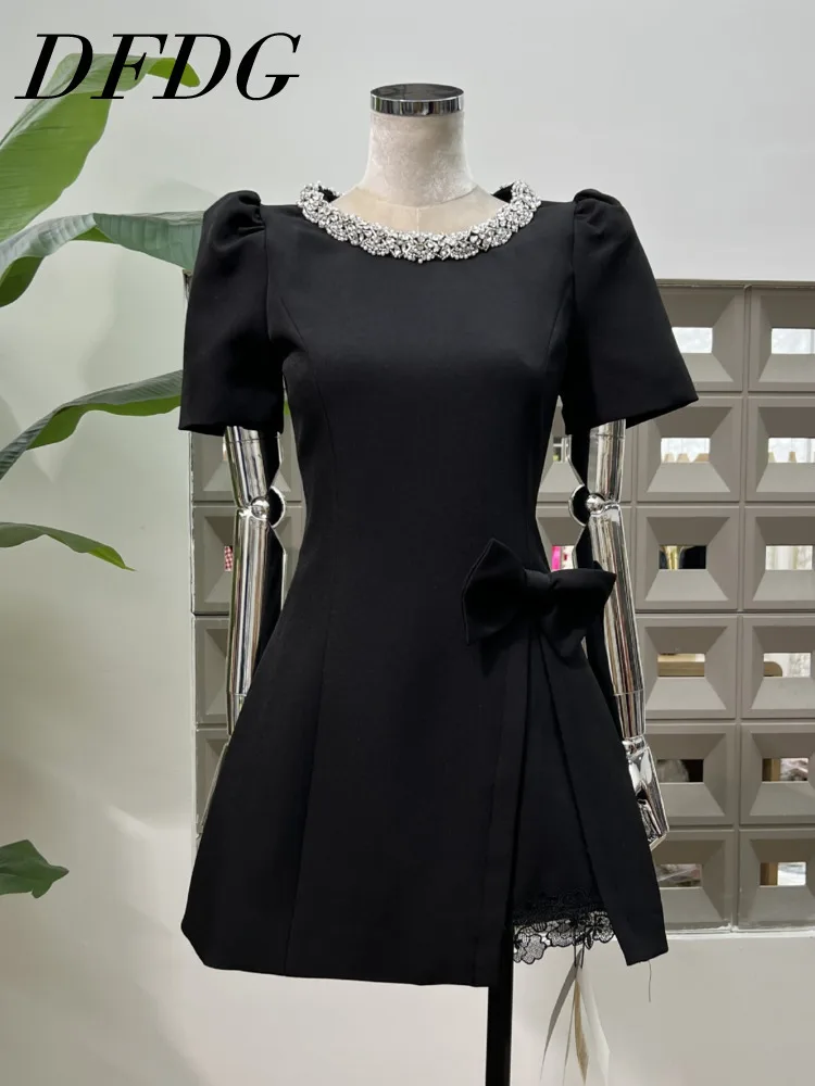 

DFDG Женское дизайнерское облегающее вечернее платье с бисером и бантом, пышное, с короткими рукавами, круглым вырезом, однотонное, весна-лето 2025