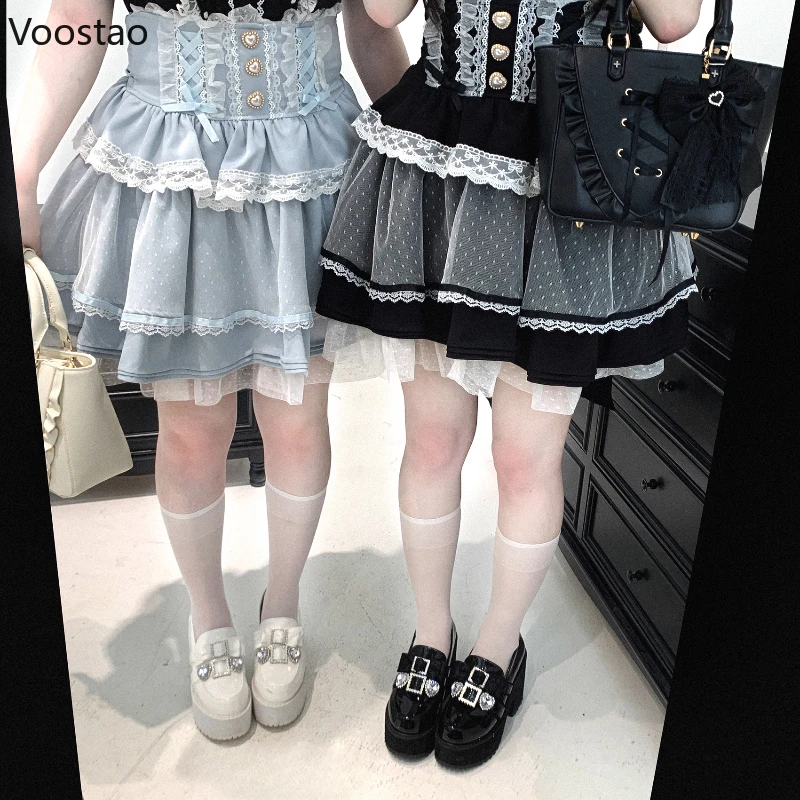 

Японская готическая юбка в стиле Лолиты, женская Kawaii Y2k, эстетика, кружевная сетчатая вечерние мини-юбка для девочек, милая жемчужная пуговица, сказочная юбка