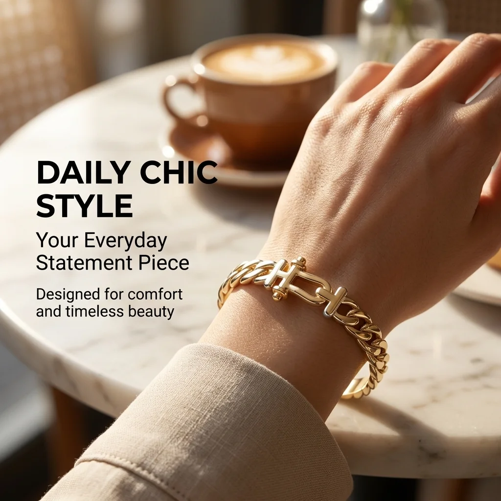 Elegant Gold Color Snap Bracelet, Stainless Steel Chain Horseshoe Design Bangle, Luxe Feel Women's Jewelry (60mm Inner Diameter)