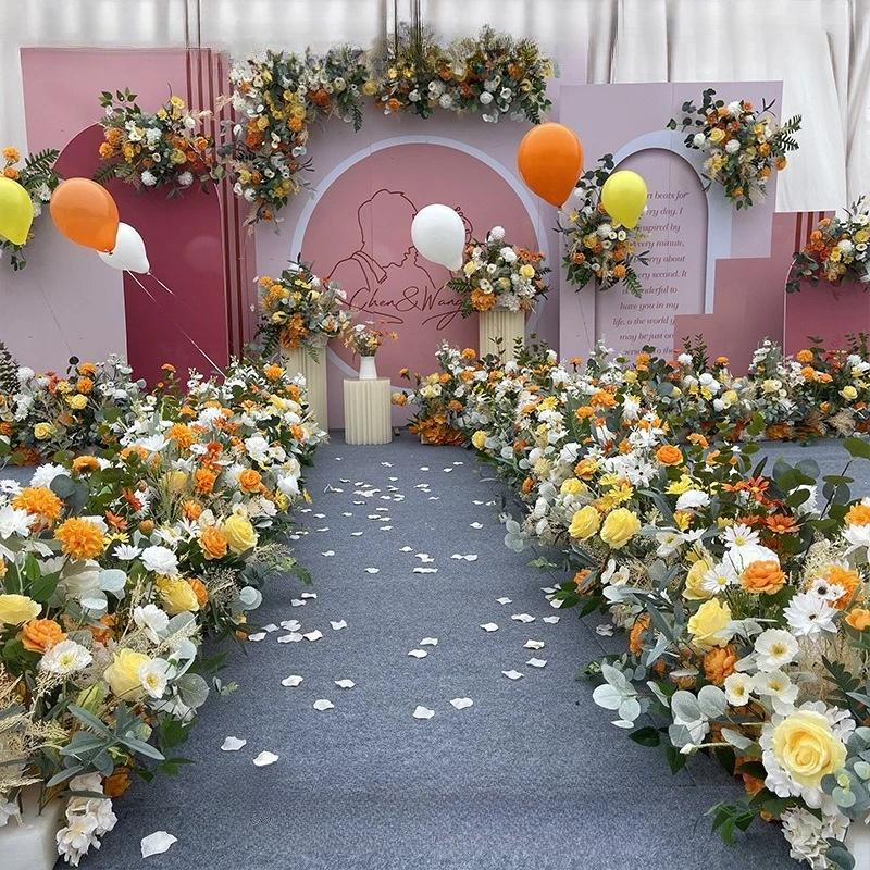 

New Wedding Large Floor Row Champagne Rose Simulated Silk Flower Decoration Eucalyptus Runway Wedding Road Guide