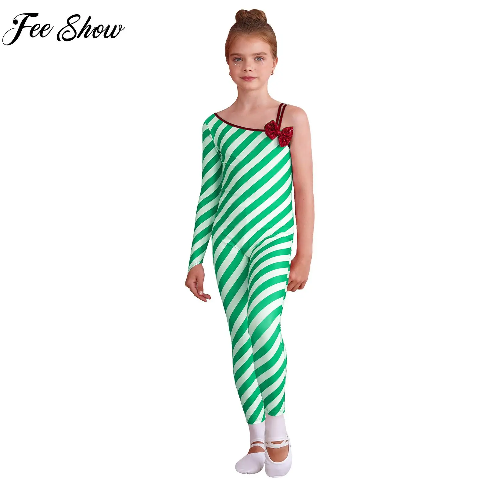 Kids Girls Christmas Ballet Dance Bodysuit Costume One Shoulder Shiny Striped Xmas Candy Cane Cosplay Costumes Leotard Jumpsuit