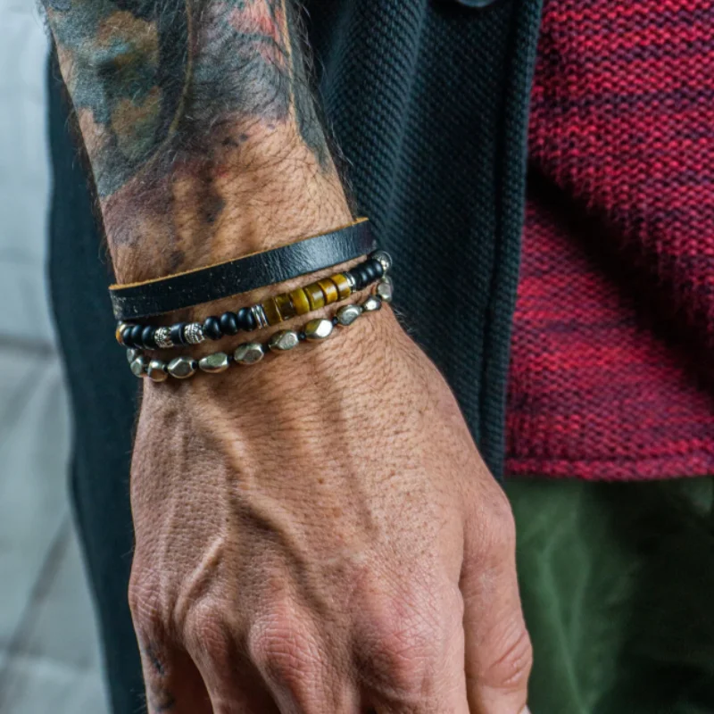 

3Pcs/set Vintage Geometric Tiger Eye Frosted Stone Beaded Leather Bracelet for Women Multi-Layer Bracelet Hip Hop Jewelry Gift