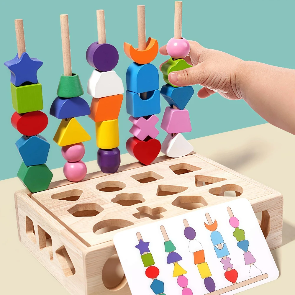 لعبة تعليمية للأطفال، فارز على شكل خمسة أعمدة ملونة، خيوط خرز قوس قزح للأطفال الصغار، تطوير المهارات الحركية الدقيقة