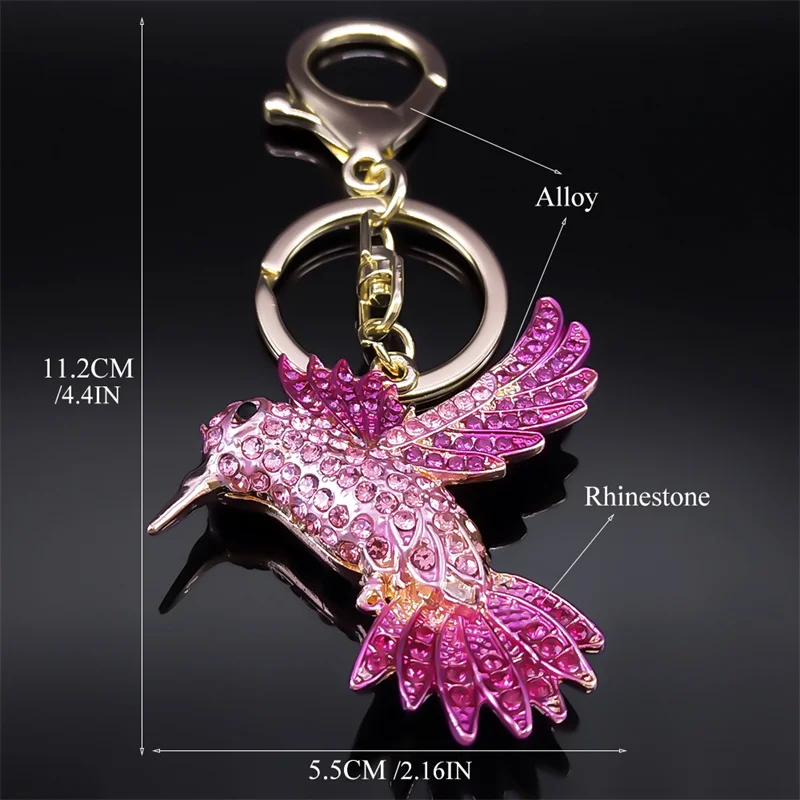 Pink Hummingbird Keychain for Women Men Rhinestone Gold Color Alloy Animal Birds Purse Bag Key Chain Jewelry llavero K9217S01